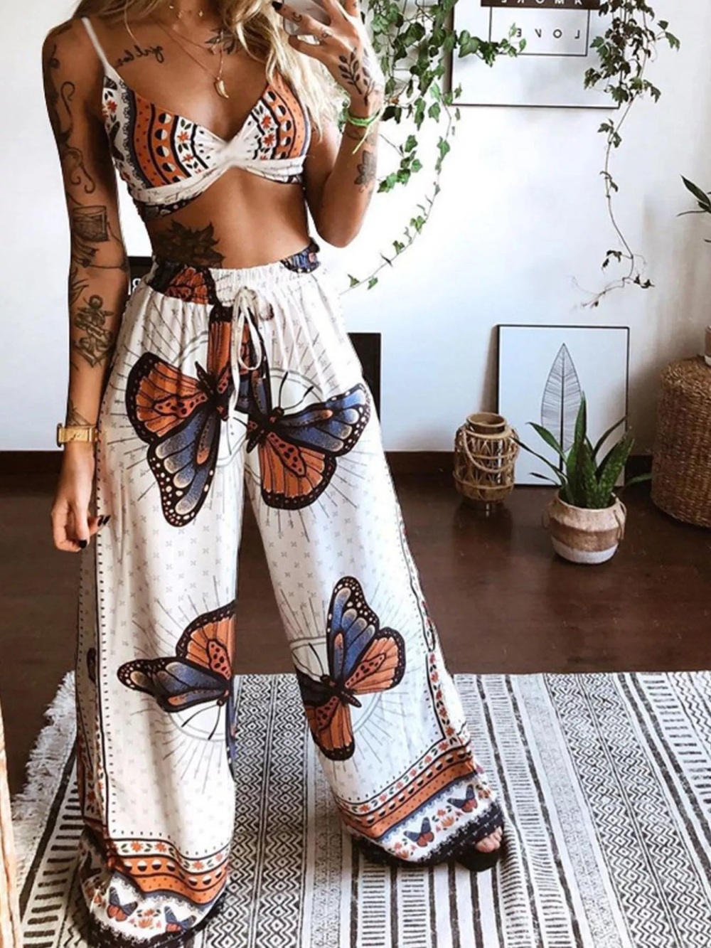 Boho Butterfly Print Top & Wide Leg Pants Set | Size L